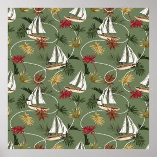 Vintage tropical leaves, boat, and sailor rope sea poster