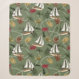 Vintage tropical leaves, boat, and sailor rope sea sherpa blanket
