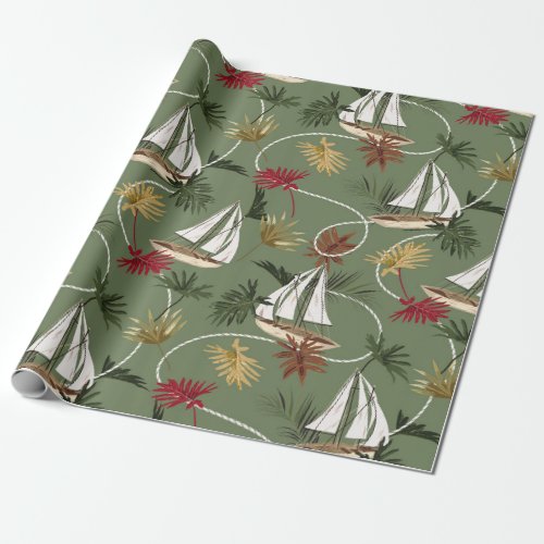 Vintage tropical leaves boat and sailor rope sea wrapping paper