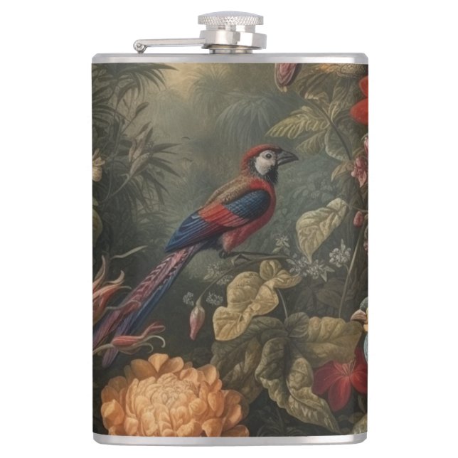 Vintage Tropical Macaw Paradise Botanical Art Flask (Front)