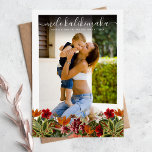 Vintage Tropical Mele Kalikimaka Christmas Photo Holiday Card<br><div class="desc">Send family and friends tropical holiday greetings - hawaiian style with these gorgeous christmas photo holiday cards. Featuring a favorite photograph on a classic white background with dark overlay at the top, the Hawaiian Christmas greeting 'Mele Kalikimaka' in elegant white calligraphy script typography, decorated with vintage tropical flowers and botanical...</div>