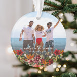 Vintage Tropical Mele Kalikimaka Christmas Photo Ornament<br><div class="desc">Hawaiian style christmas photo ornament,  featuring a favorite photograph with dark overlay at the boittom,   the Hawaiian Christmas greeting 'Mele Kalikimaka' in elegant white calligraphy script typography,  decorated with vintage tropical flowers and botanical foliage and your name.</div>