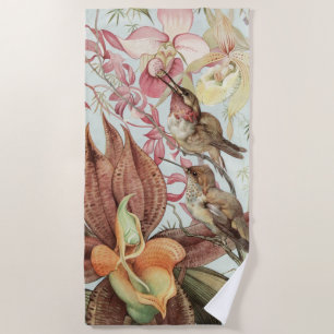 Vintage Tropical Orchids, Flowers and Hummingbirds Beach Towel
