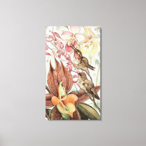 Vintage Tropical Orchids Flowers and Hummingbirds Canvas Print