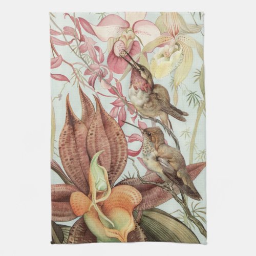 Vintage Tropical Orchids Flowers and Hummingbirds Kitchen Towel