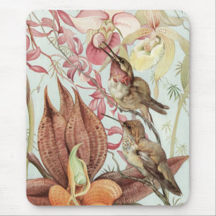 Vintage Tropical Orchids, Flowers and Hummingbirds Mouse Pad