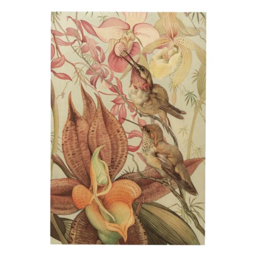 Vintage Tropical Orchids Flowers and Hummingbirds Wood Wall Art