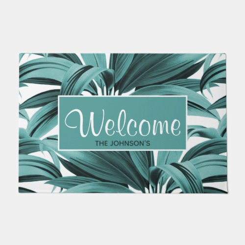 Vintage Tropical Palm Botanical Watercolor Teal Doormat