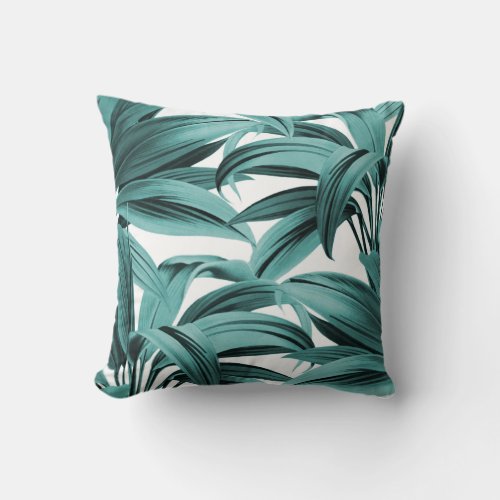 Vintage Tropical Palm Botanical Watercolor Teal Throw Pillow