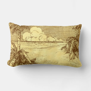 Vintage Tropical Palm Tree Beach Rustic Browns Out Lumbar Pillow