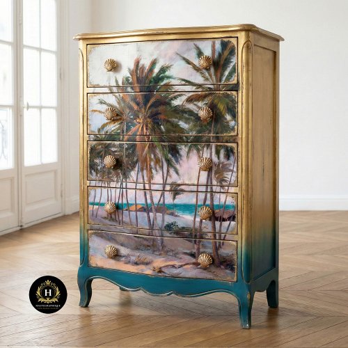 Vintage Tropical Palm Tree Beach Scene Decoupage Tissue Paper