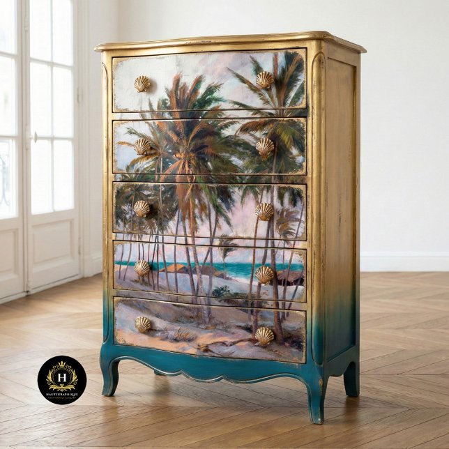 Vintage Tropical Palm Tree Beach Scene Decoupage Tissue Paper (Creator Uploaded)