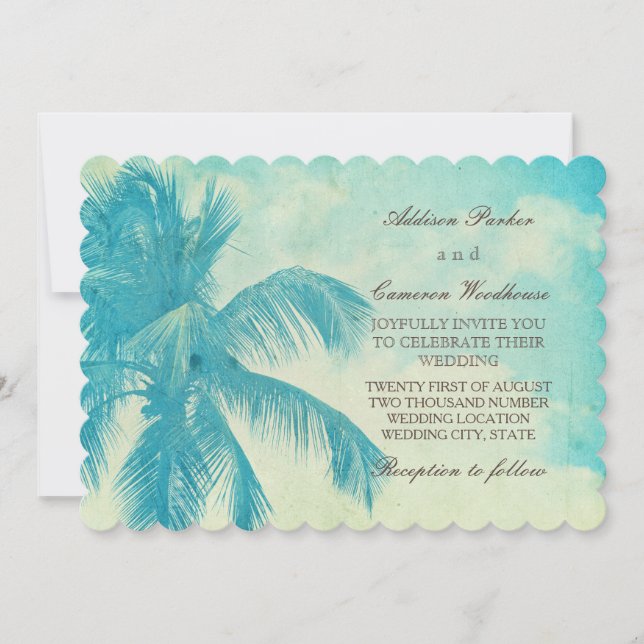 Vintage Tropical Palm Tree | Turquoise Wedding Invitation (Front)