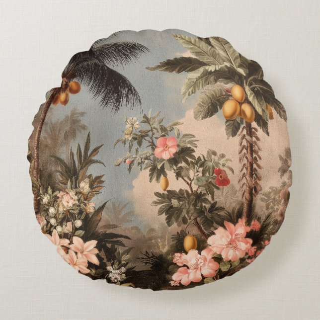 Vintage Tropical Paradise with Palm Trees Round Pillow (Front)