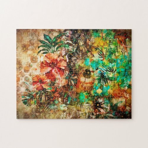 Vintage Tropical Parrot Jungle Floral Hibiscus Jigsaw Puzzle