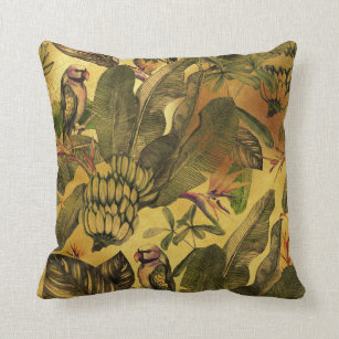 Vintage tropical parrots and leaves throw pillow