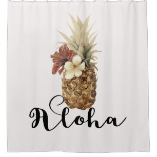 Vintage Tropical Pineapple Hibiscus Floral Aloha Shower Curtain