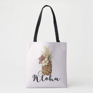 Vintage Tropical Pineapple Hibiscus Floral Aloha Tote Bag