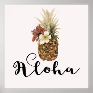 Vintage Tropical Pineapple Hibiscus Floral Banner Poster