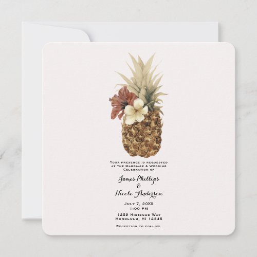 Vintage Tropical Pineapple Hibiscus Floral Wedding Invitation