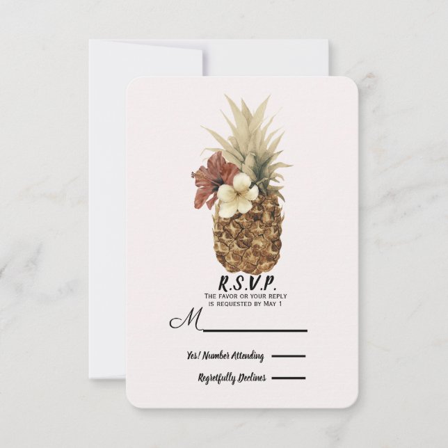 Vintage Tropical Pineapple Hibiscus Wedding RSVP (Front)