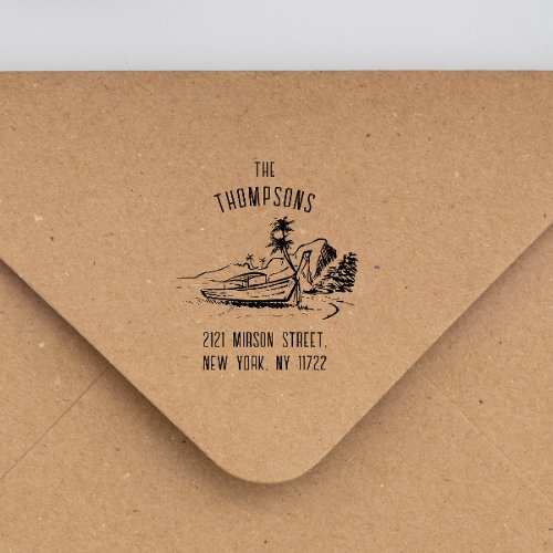 Vintage Tropical Scenery Family Return Address Rubber Stamp