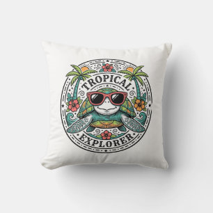 Vintage Tropical Sea Turtle Sunglasses Graphic Shi Throw Pillow