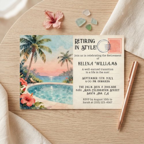 Vintage Tropical Sunset Pool Retirement Party Invitation