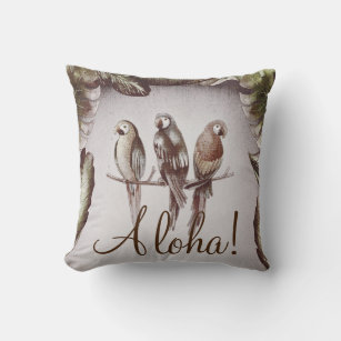 Vintage Tropical Tiki Birds Parrots & Leaves Chic Throw Pillow