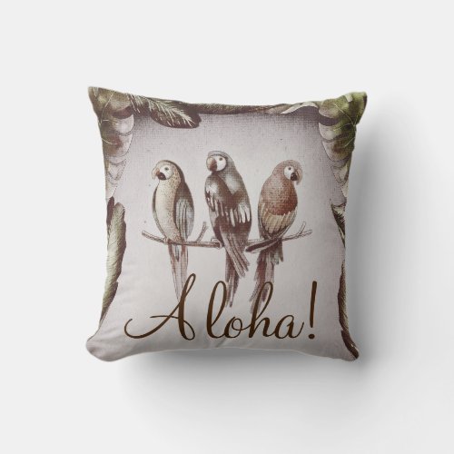 Vintage Tropical Tiki Birds Parrots  Leaves Chic Throw Pillow