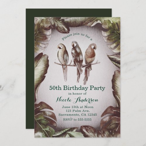 Vintage Tropical Tiki Birds Parrots  Leaves Party Invitation