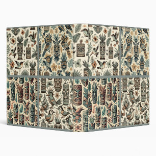 Vintage Tropical Tiki Masks and Birds Grey Green 3 Ring Binder