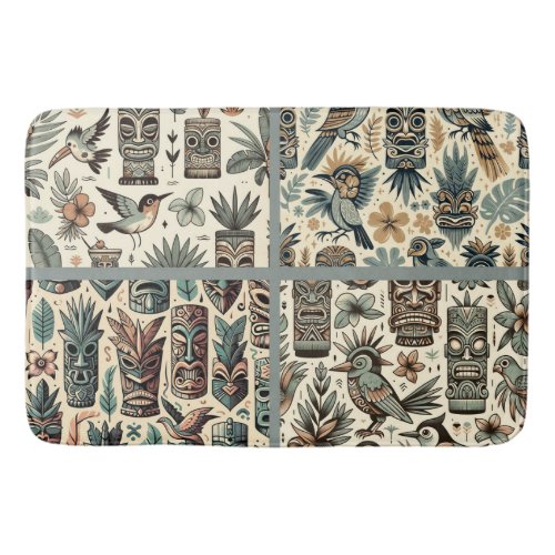 Vintage Tropical Tiki Masks and Birds Grey Green Bath Mat