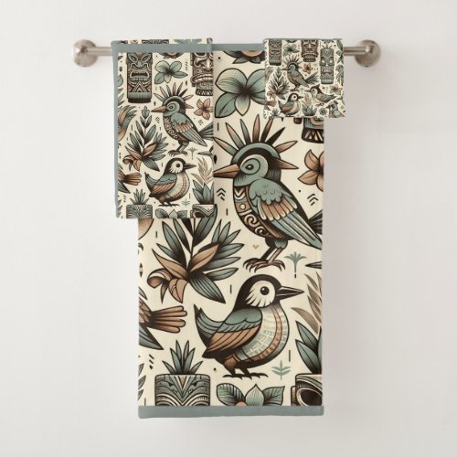 Vintage Tropical Tiki Masks and Birds Grey Green Bath Towel Set