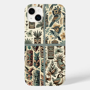 Vintage Tropical Tiki Masks and Birds Grey Green Case-Mate iPhone 14 Plus Case