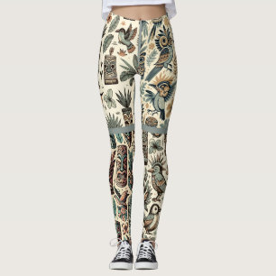 Vintage Tropical Tiki Masks and Birds Grey Green Leggings