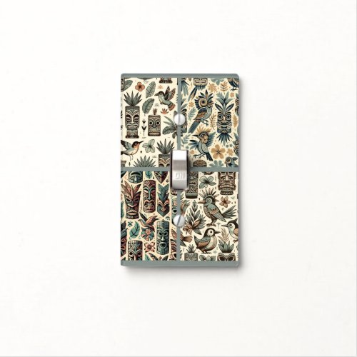 Vintage Tropical Tiki Masks and Birds Grey Green Light Switch Cover