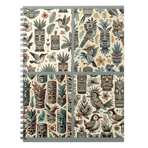 Vintage Tropical Tiki Masks and Birds Grey Green Notebook