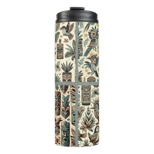 Vintage Tropical Tiki Masks and Birds Grey Green Thermal Tumbler