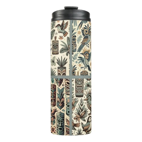 Vintage Tropical Tiki Masks and Birds Grey Green Thermal Tumbler