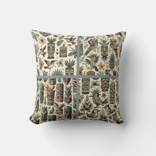 Vintage Tropical Tiki Masks and Birds Grey Green Throw Pillow