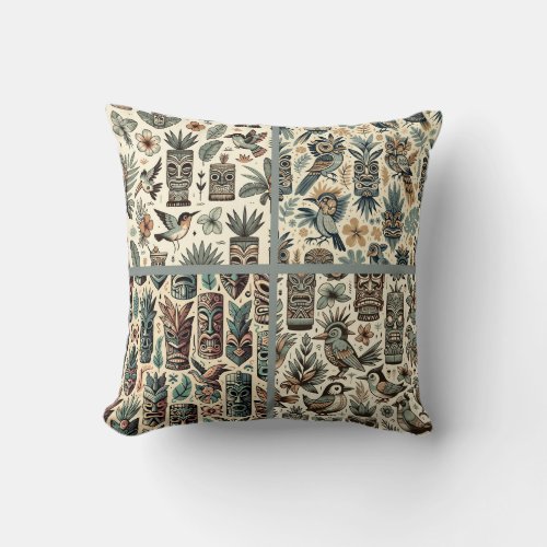 Vintage Tropical Tiki Masks and Birds Grey Green Throw Pillow