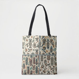 Vintage Tropical Tiki Masks and Birds Grey Green Tote Bag