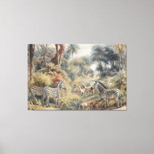 Vintage Tropical Zebra Jungle Illustration Antique Canvas Print