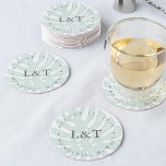 Vintage Tropics Destination Wedding Round Paper Coaster<br><div class="desc">Island chic coasters are a perfect addition to your destination wedding or beach wedding. Design features your wedding date and location encircling your initials in elegant gray,  on a backdrop of a vintage style monstera leaf in sheer seafoam green. Designed to coordinate with our Vintage Tropics wedding collection.</div>