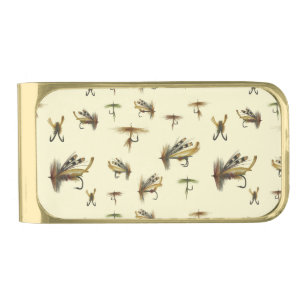 Vintage Trout Flies Fly Fishing Theme Pattern Gold Finish Money Clip