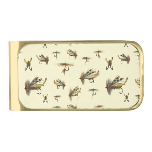 Vintage Trout Flies Fly Fishing Theme Pattern    Gold Finish Money Clip