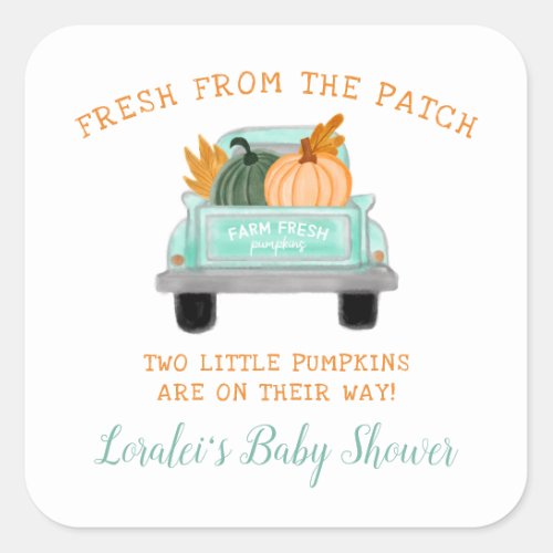 Vintage Truck 2 Pumpkins Twins Autumn Baby Shower Square Sticker