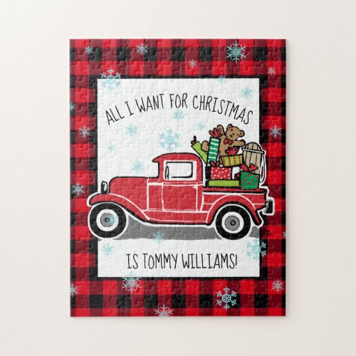 Vintage Truck All I Want for Christmas Custom Text Jigsaw Puzzle