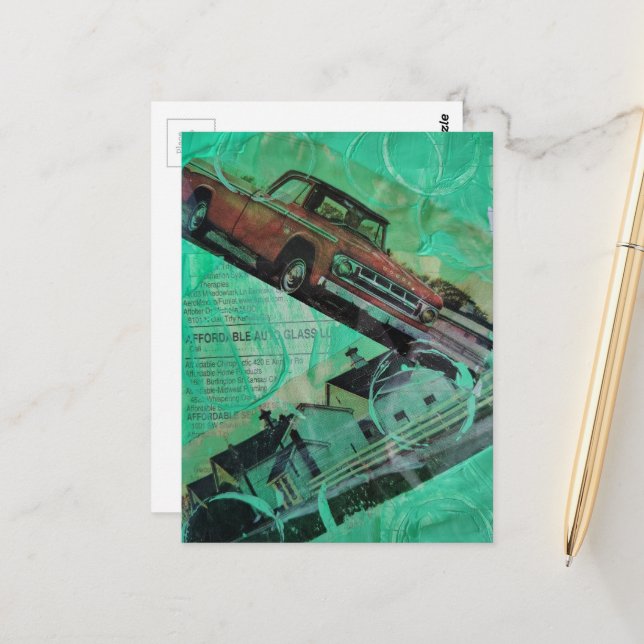 Vintage Truck and Barns with Green Circles Collage Postcard (Front/Back In Situ)